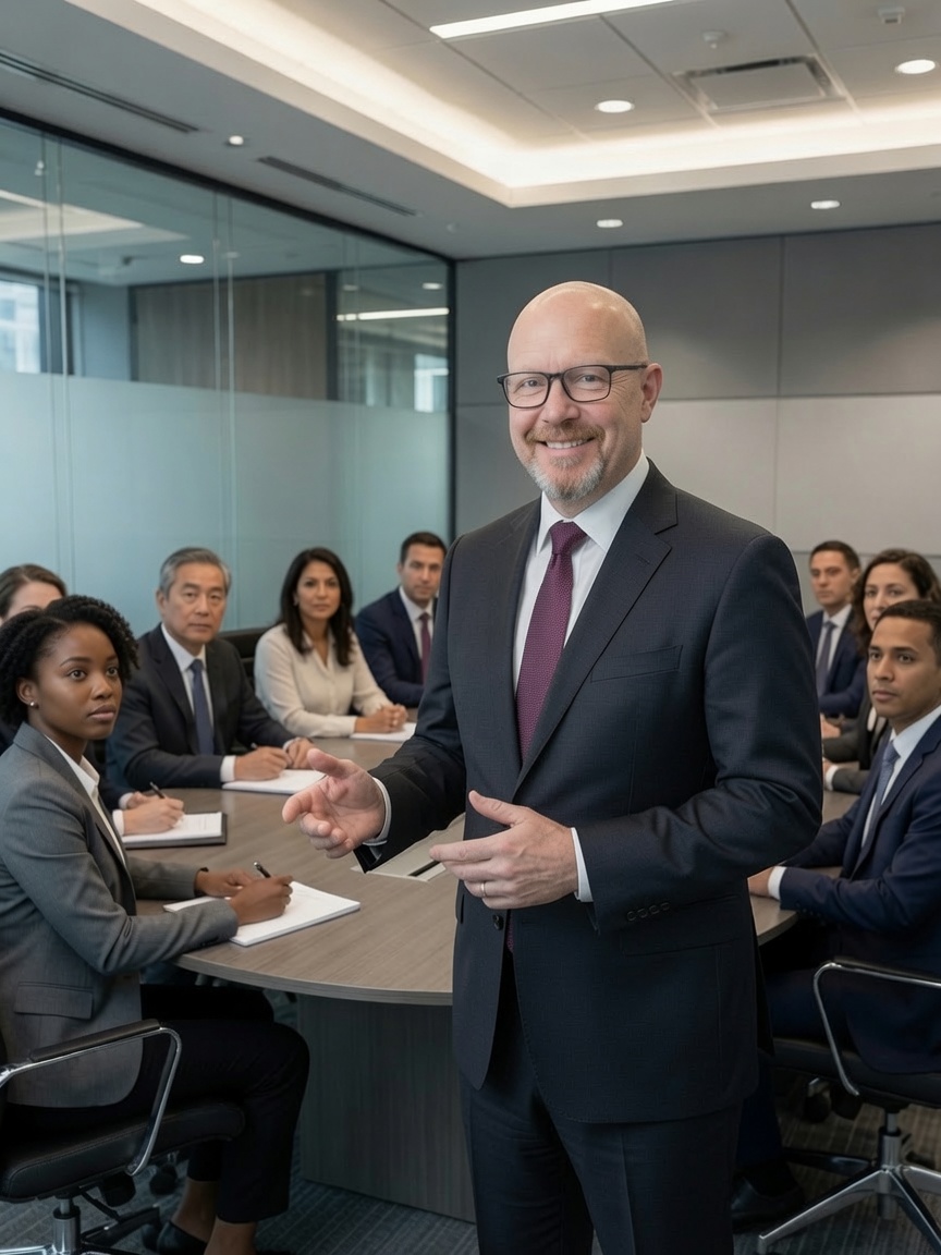 David Hunt leading a training session with a group seated around a boardroom table